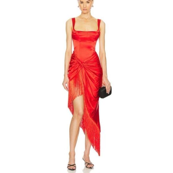 For Love & Lemons Anisa Red Silk Fringe Lace Back Midi Dress NWT Size Small - Picture 1 of 8